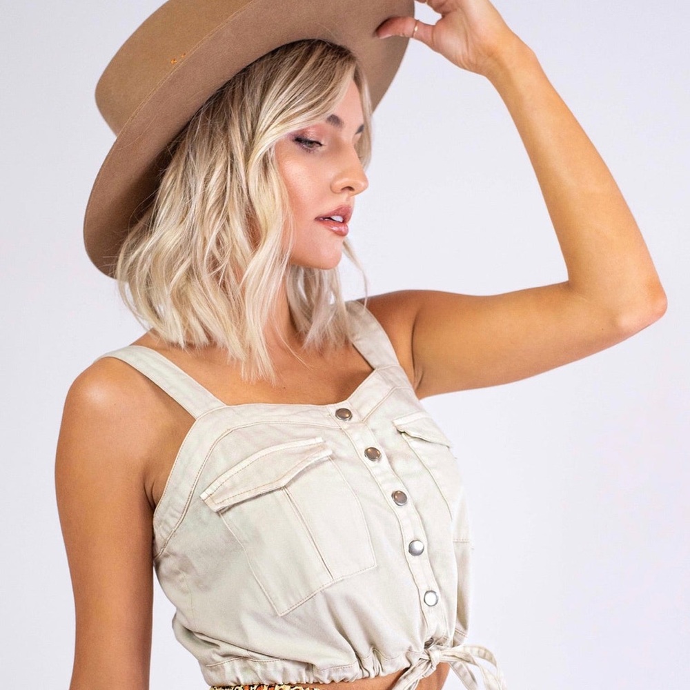 New Free People cream denim drawstring crop tank top - Picture 4 of 13